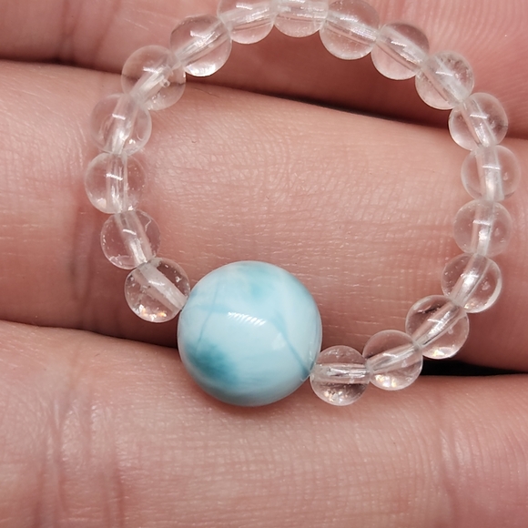 Larimar & Clear Quartz Beaded Ring | Ocean Blue Crystal Ring | Stretch - Picture 6 of 8